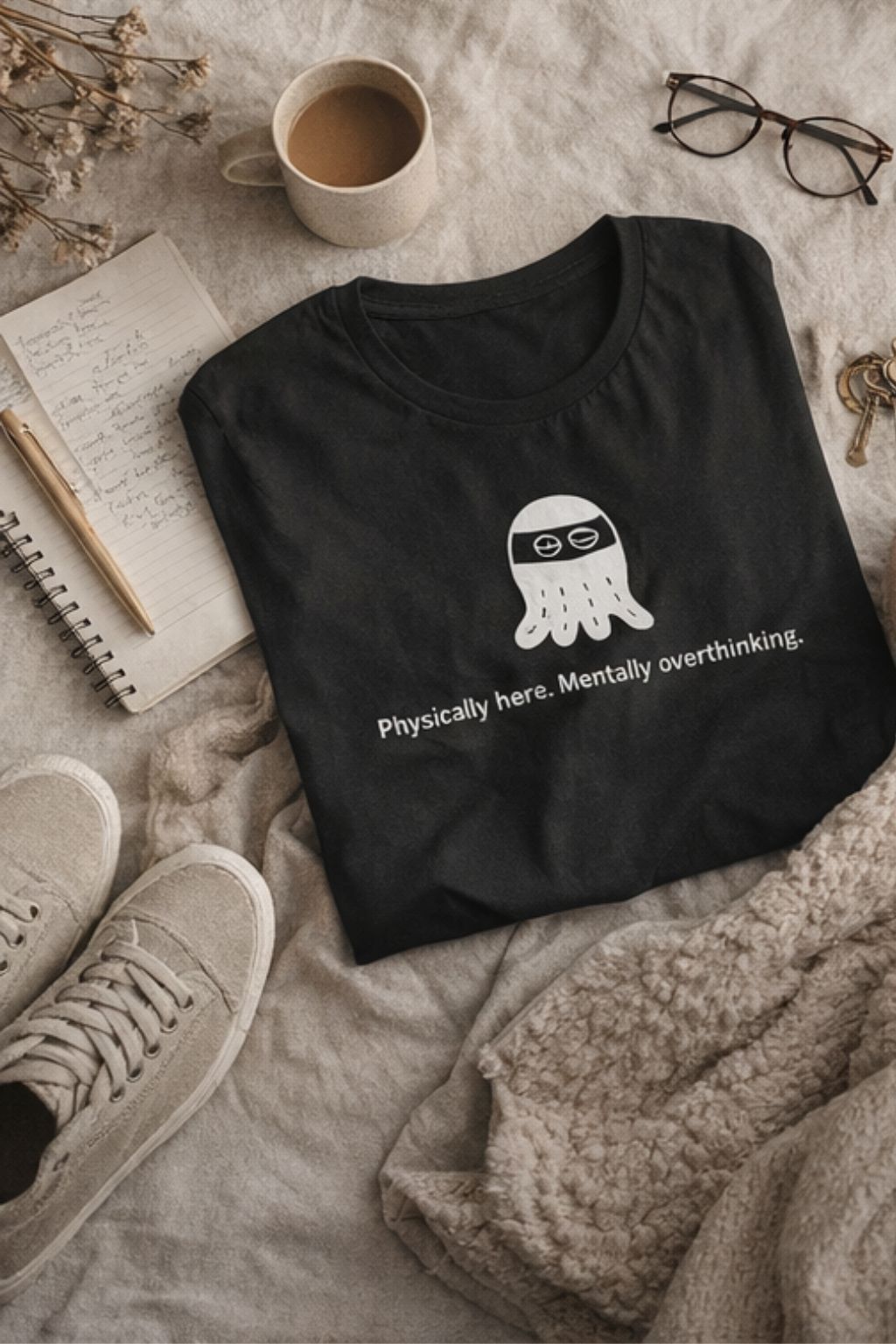 Physically here. Mentally overthinking. – Existential Humor Unisex T-Shirt