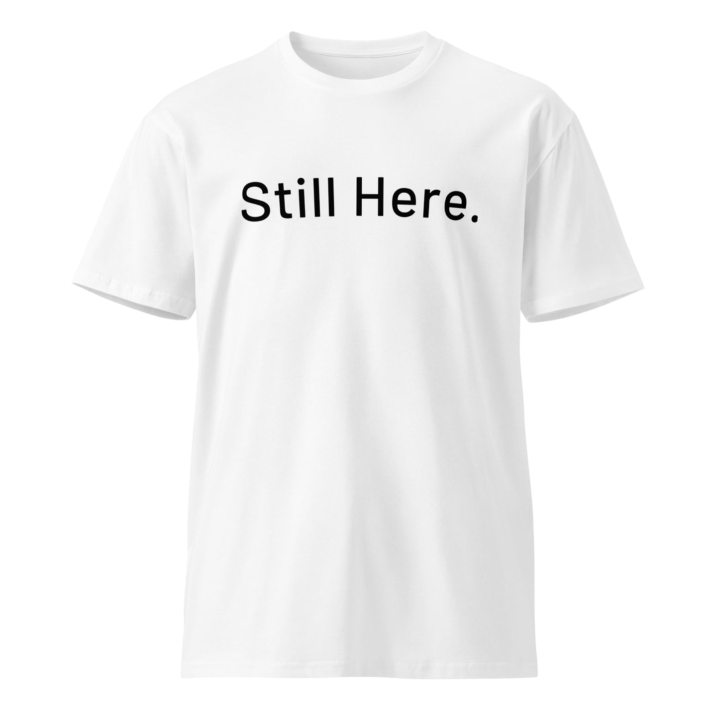 Still Here Co. white tee alternate view — quiet strength clothing