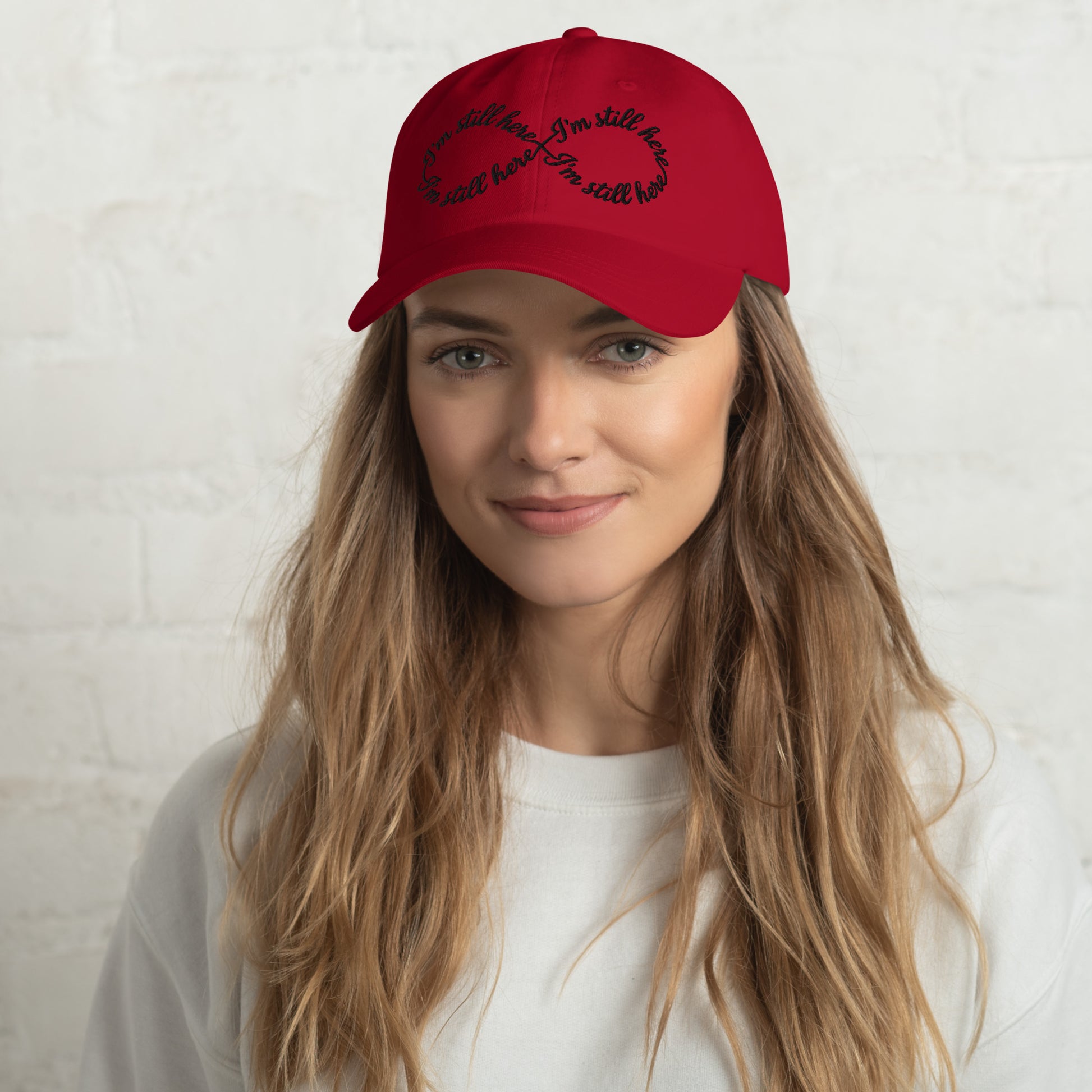 I'm Still Here Infinity Hat in cranberry — infinity script embroidery