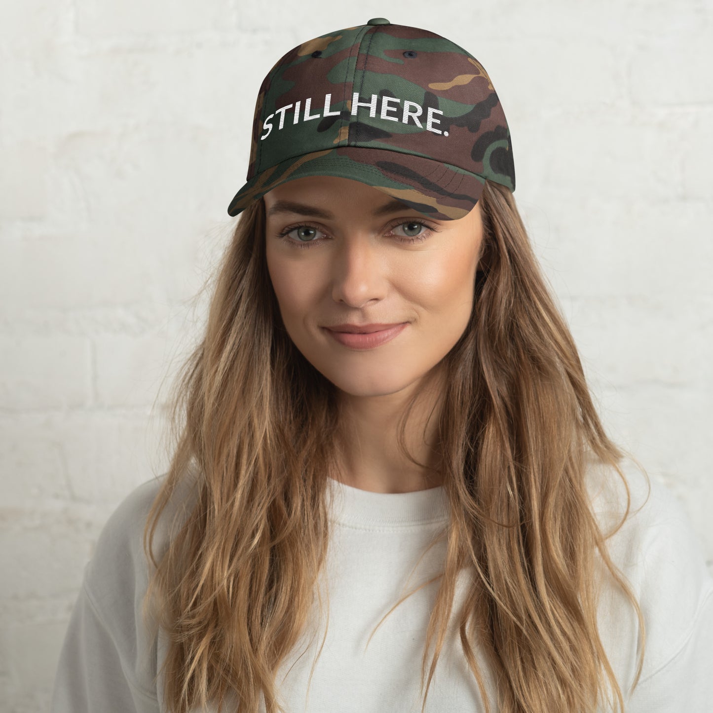STILL HERE Hat in green camo — Still Here Co. embroidered baseball cap