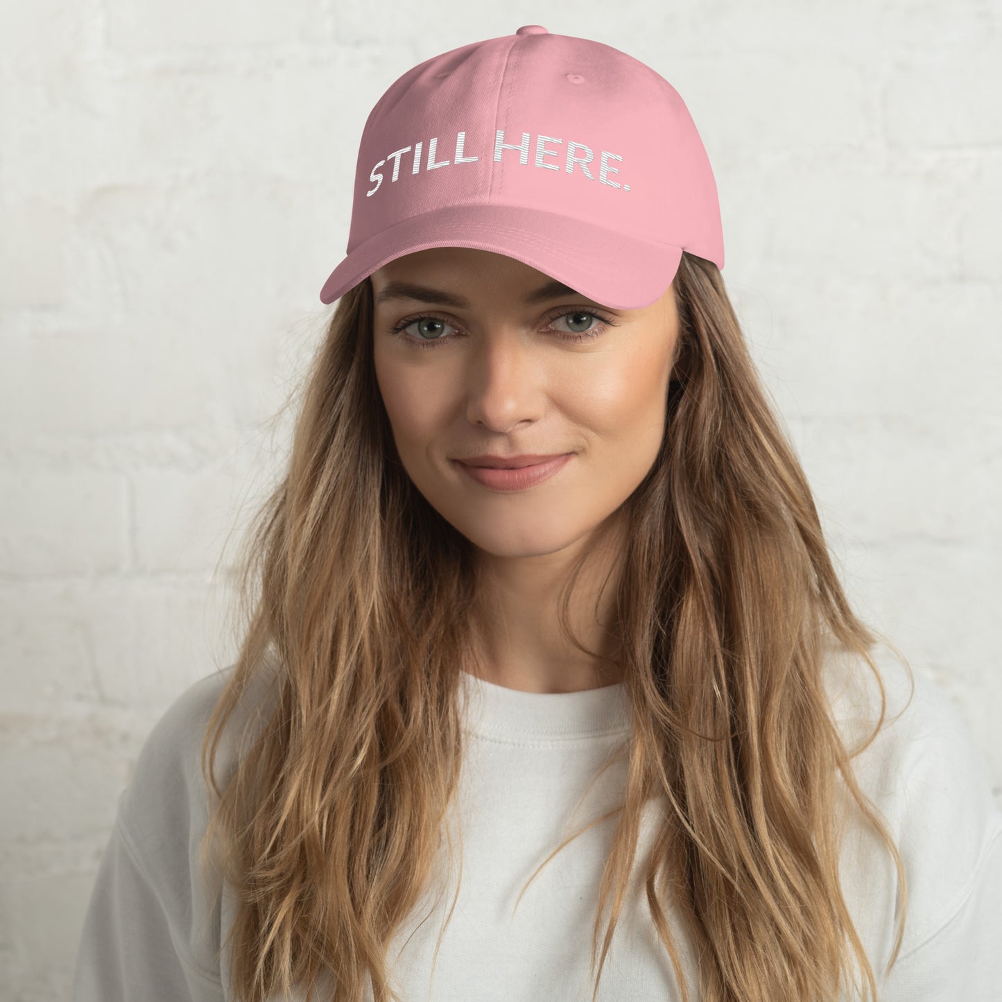 STILL HERE Hat in pink — Still Here Co. dad hat dark colors