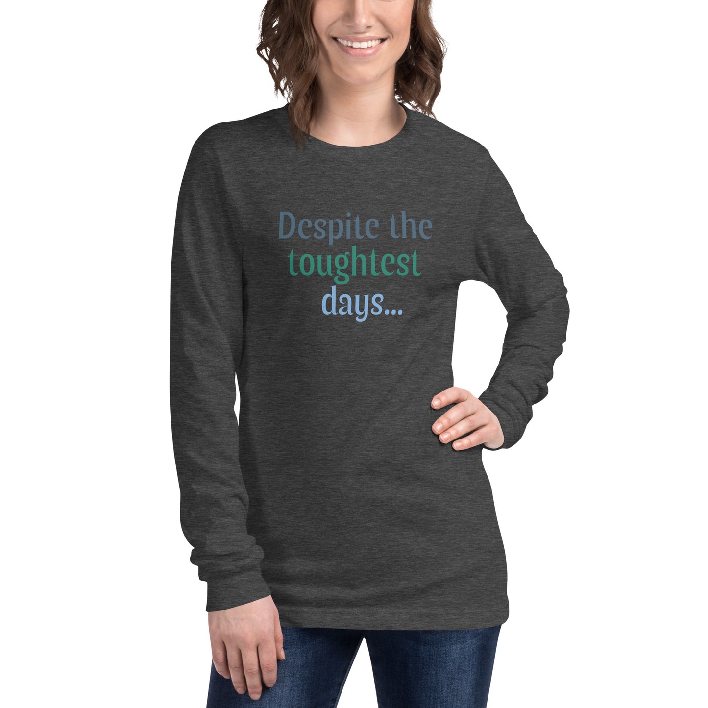 Despite... long sleeve tee in dark grey heather — Still Here Co.