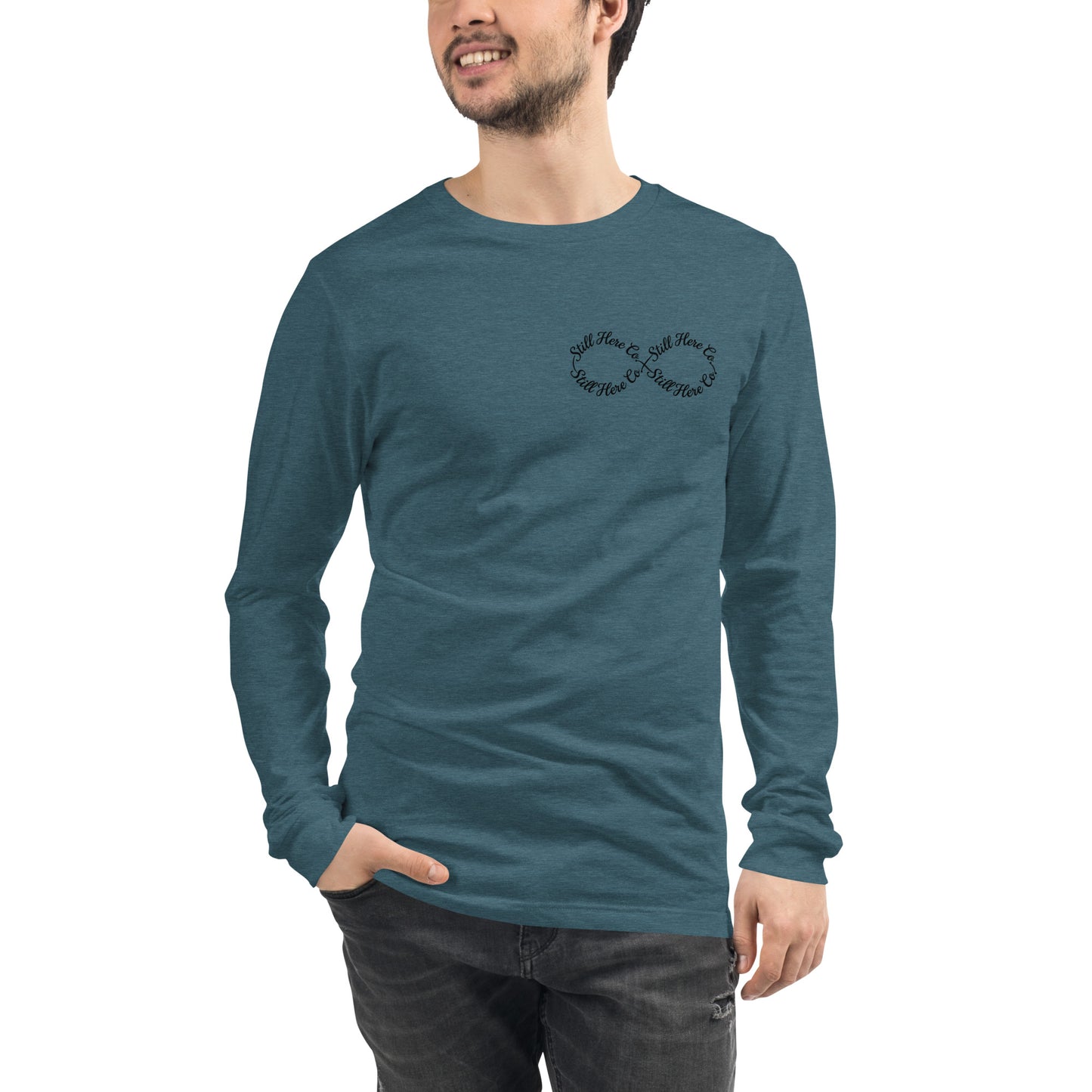 Still Here Co. long sleeve tee in heather deep teal — infinity print