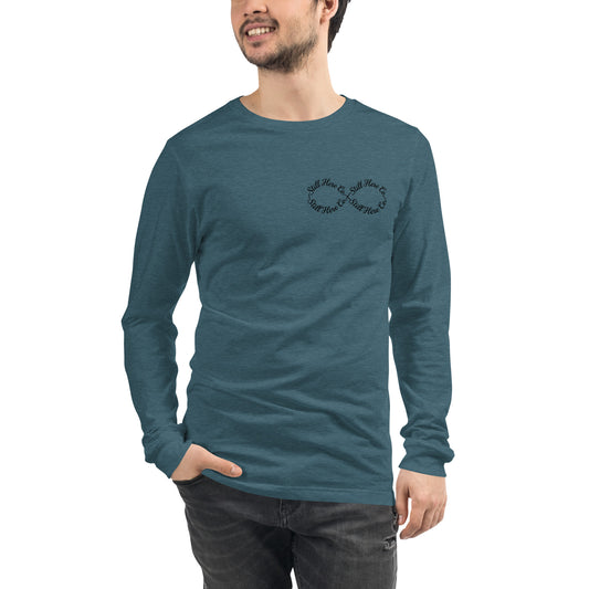 Still Here Co. long sleeve tee in heather deep teal — infinity print