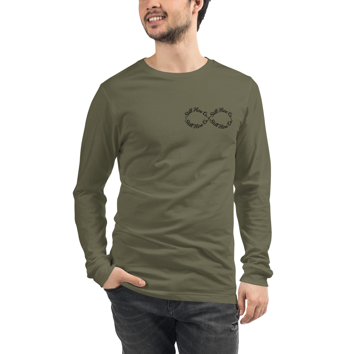 Still Here Co. long sleeve tee in military green — statement apparel