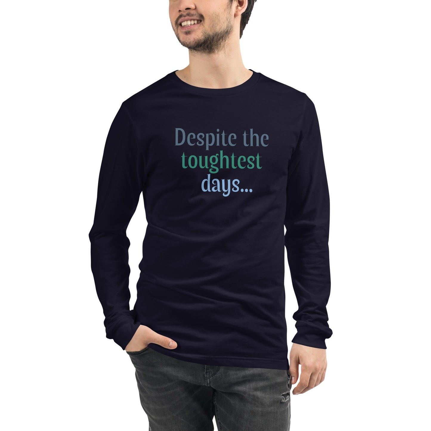 Despite... navy front view — Still Here Co. long sleeve tee