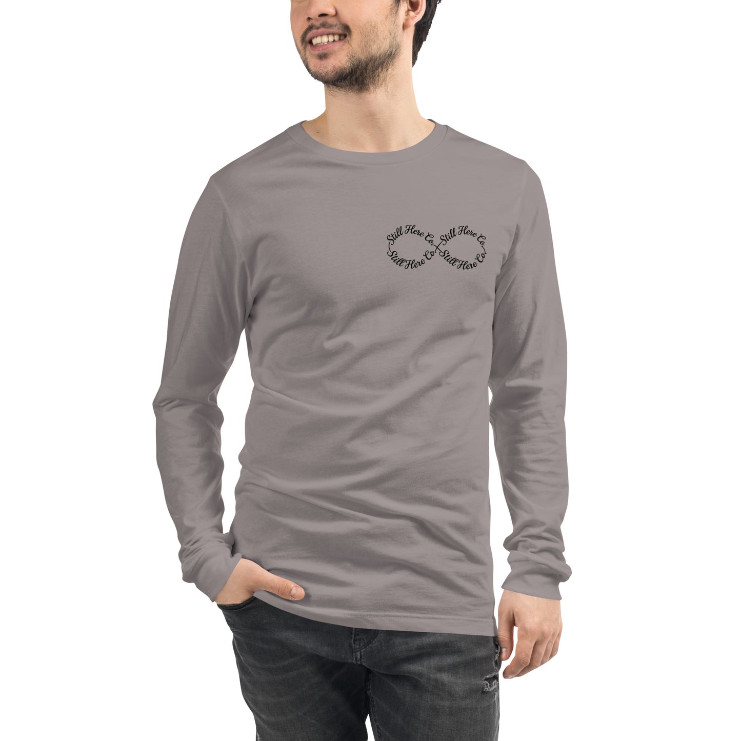 Still Here Co. long sleeve tee in storm — quiet strength clothing