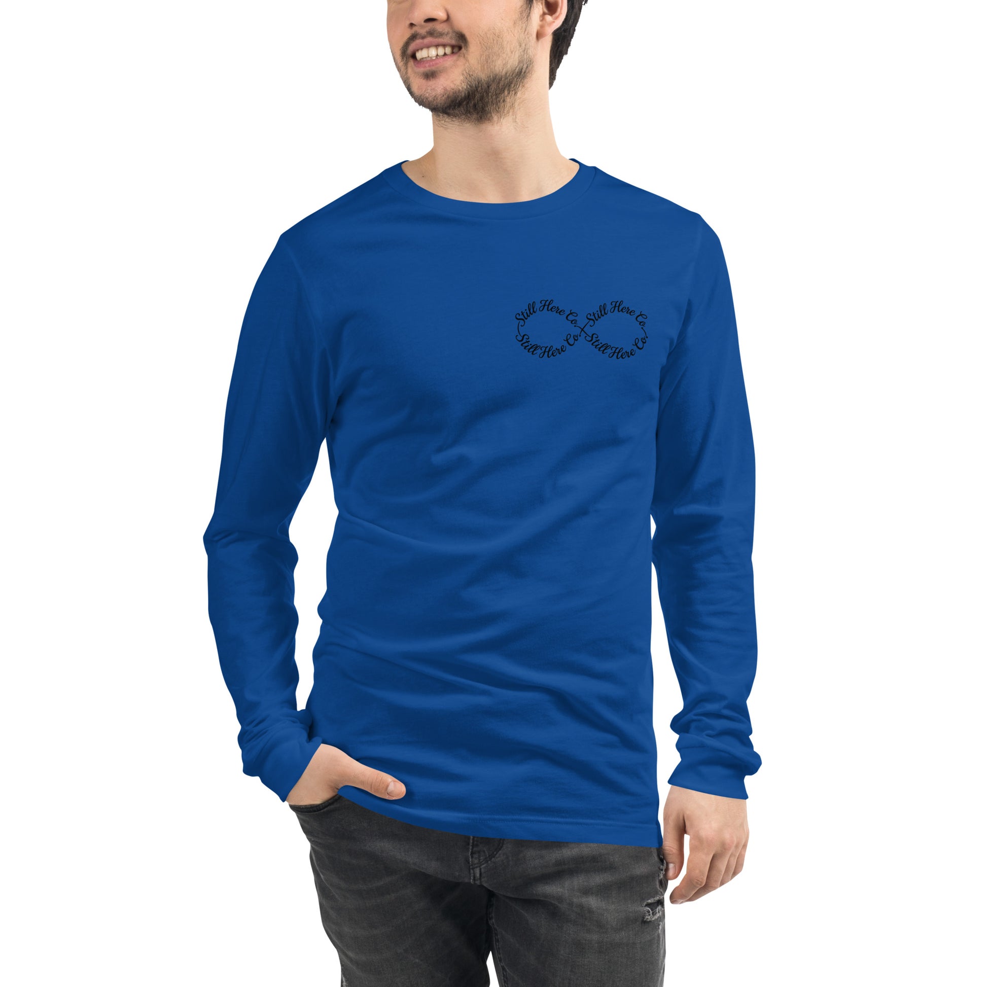 Still Here Co. long sleeve tee in royal blue — infinity design