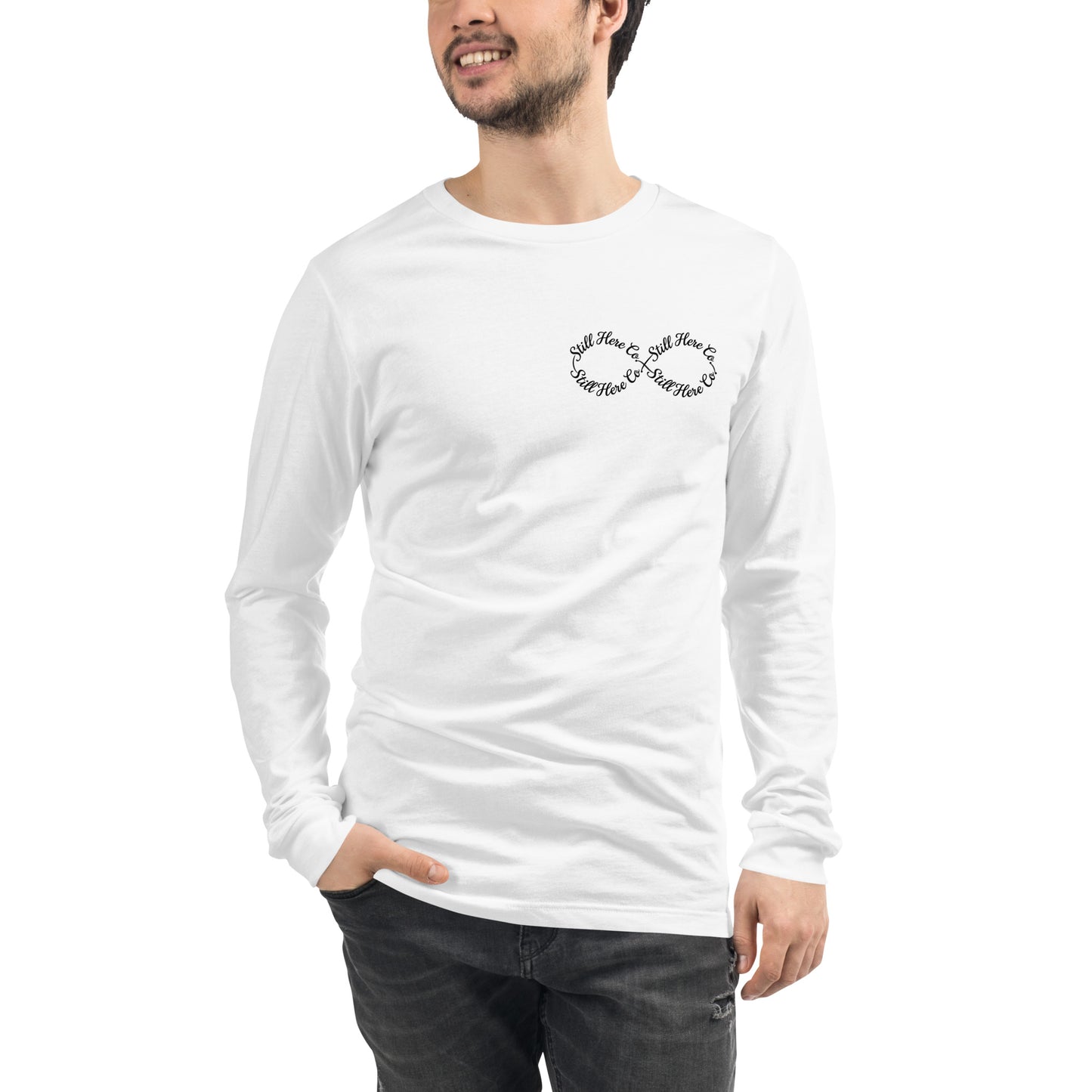 Still Here Co. long sleeve tee in white — Still Here Co. infinity design