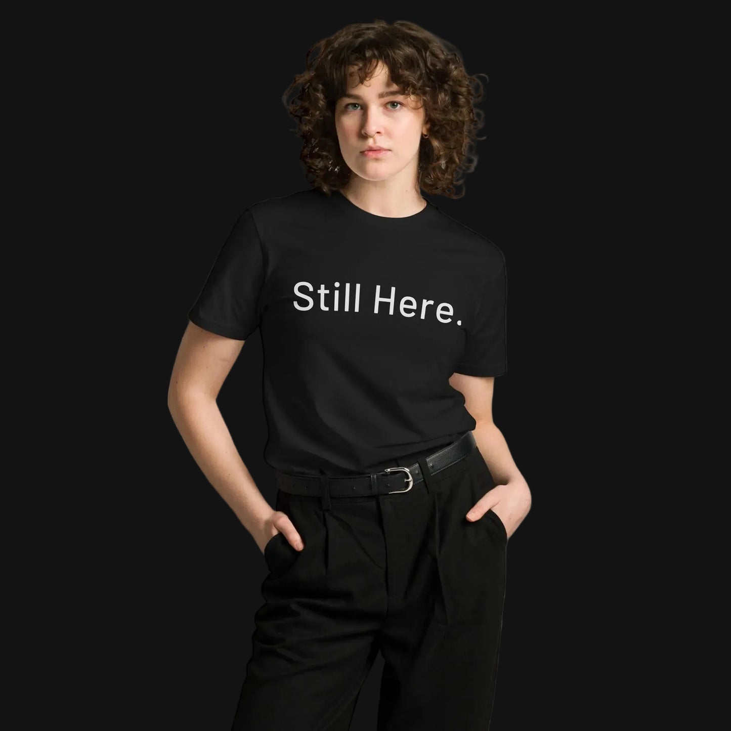 Still Here Co. black tee — existential humor apparel by Still Here Co.