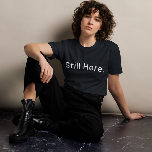 Still Here Co. unisex tee in navy — Still Here. front text print