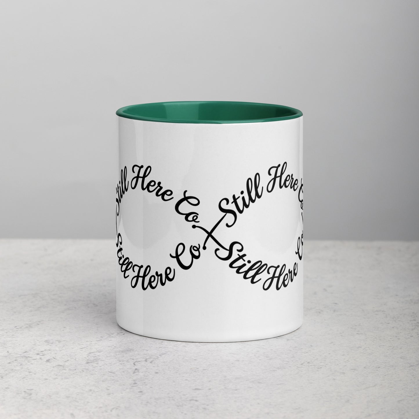 Still Here Co. Infinity Mug in dark green 11oz — colored interior